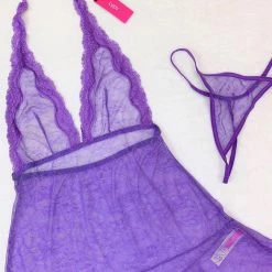 LYPS Sale Sexy Lace Halter Chemise Lingerie Set - Purple