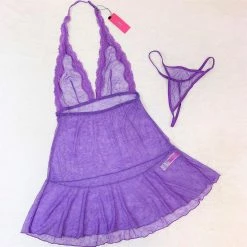LYPS Sale Sexy Lace Halter Chemise Lingerie Set - Purple