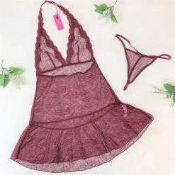 LYPS Sexy Lace Halter Chemise Lingerie Set - Red Sale